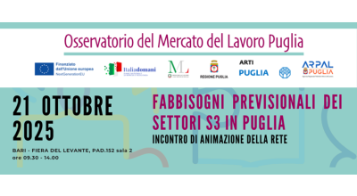 “Fabbisogni previsionali dei settori S3 in Puglia. Incontro di animazione della rete”, il 21 ottobre a Bari l’iniziativa partecipata dell’Osservatorio